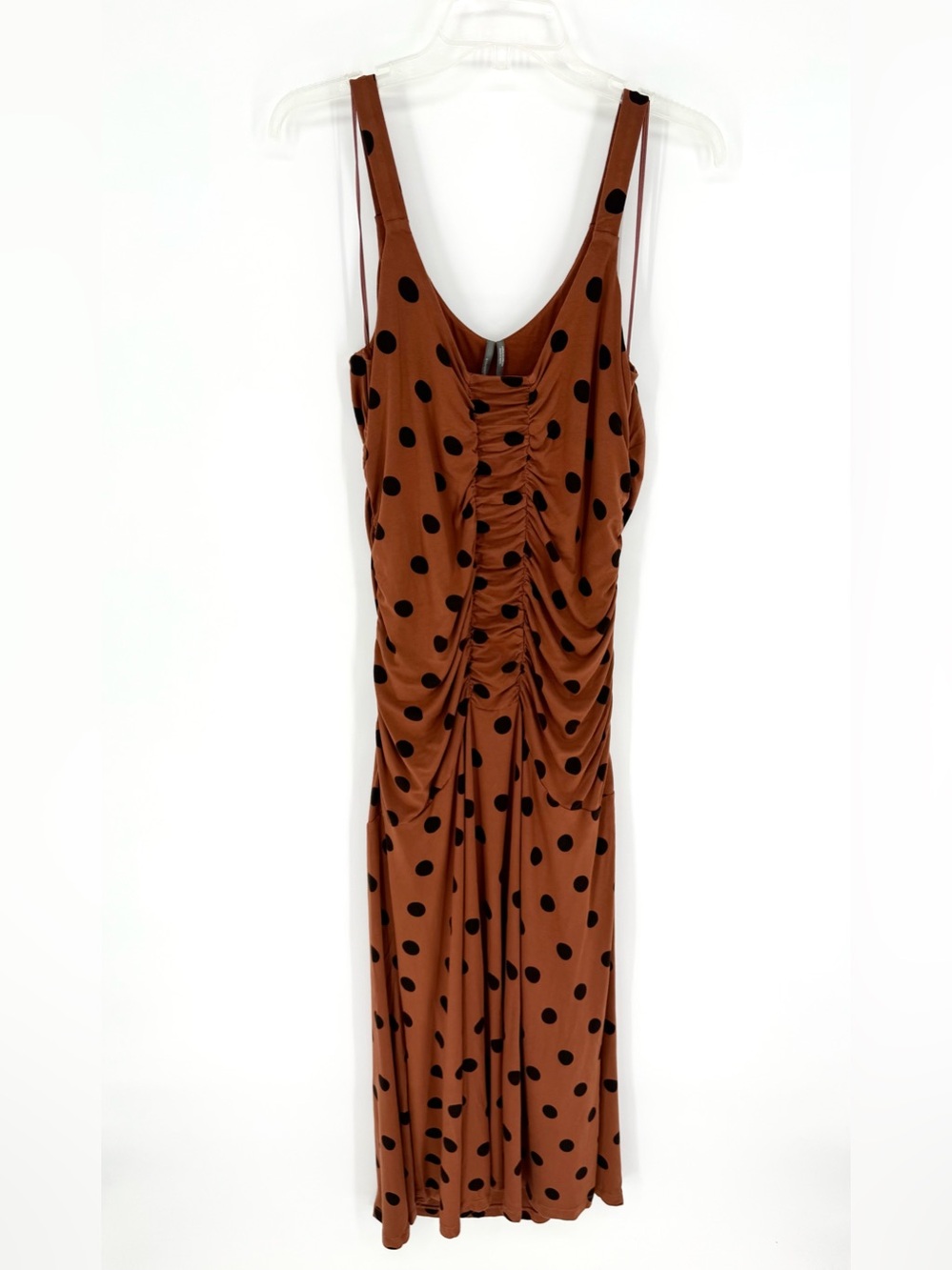 By Anthropologie Ruched Polka Dot Gathered Midi Dress Brown Plus Size L - Picture 6 of 13